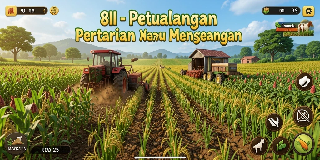 Screenshot gameplay 8II menampilkan keindahan lahan pertanian yang berwarna-warni.