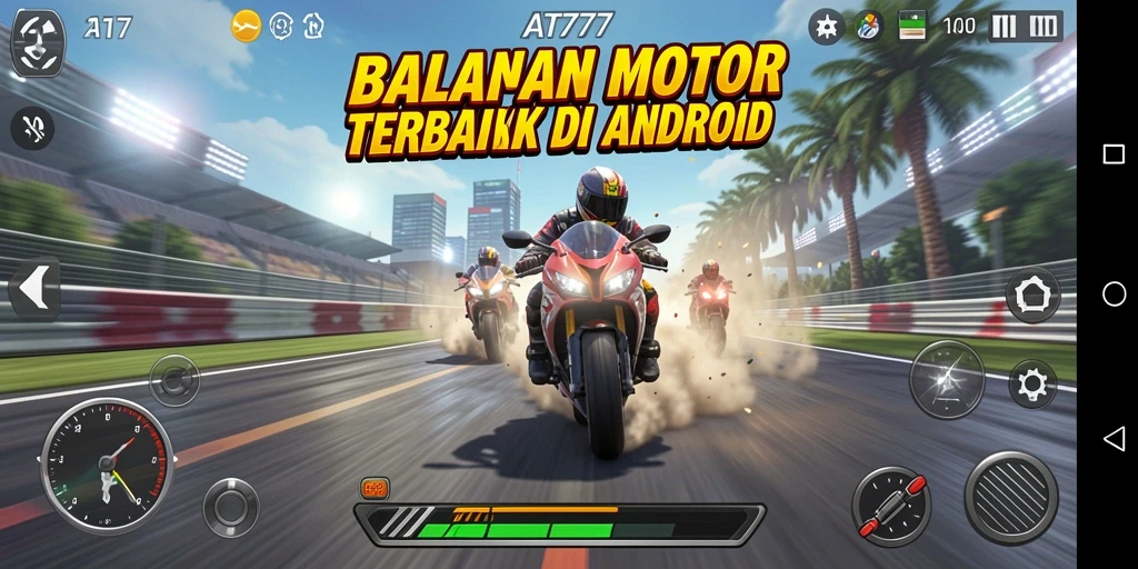 Screenshot utama AT777 menampilkan aksi balapan motor yang mendebarkan.