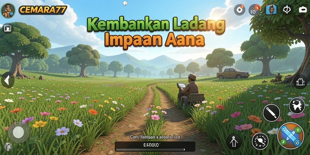 Screenshot CEMARA77 menampilkan kebun yang subur dan hewan ternak.