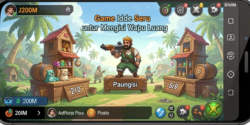 Tangkapan layar gameplay J200M menunjukkan karakter mengumpulkan sumber daya.