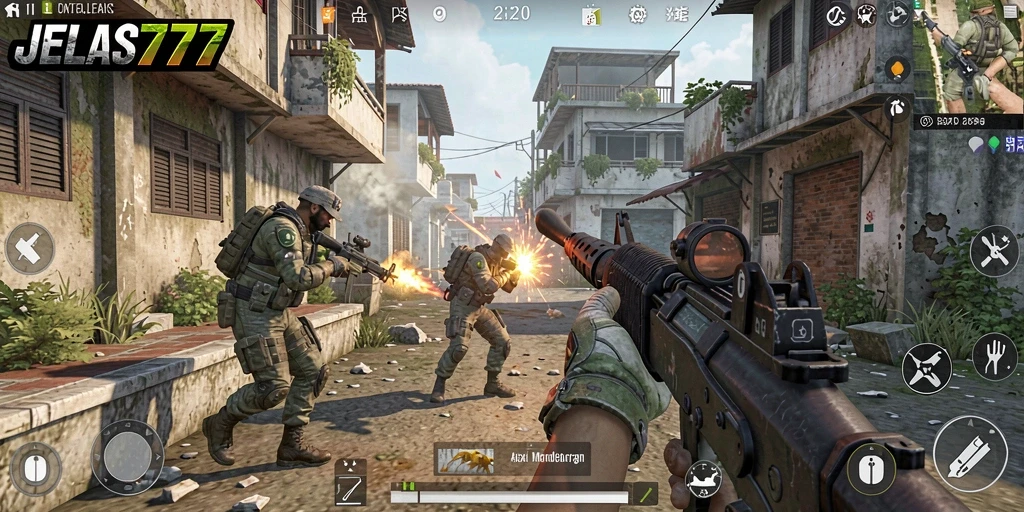 Tampilan mendebarkan dari aksi gameplay FPS JELAS777.