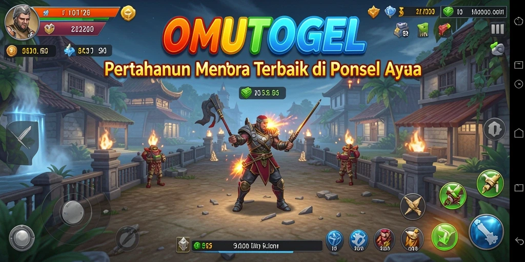 Tampilan gameplay <strong>OMUTOGEL</strong> dengan aksi menara mempertahankan markas.